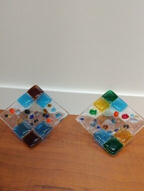 Handmade Multicolor Fused Glass 3" Square Dishes, Salt Cellars, Trinket Dish
